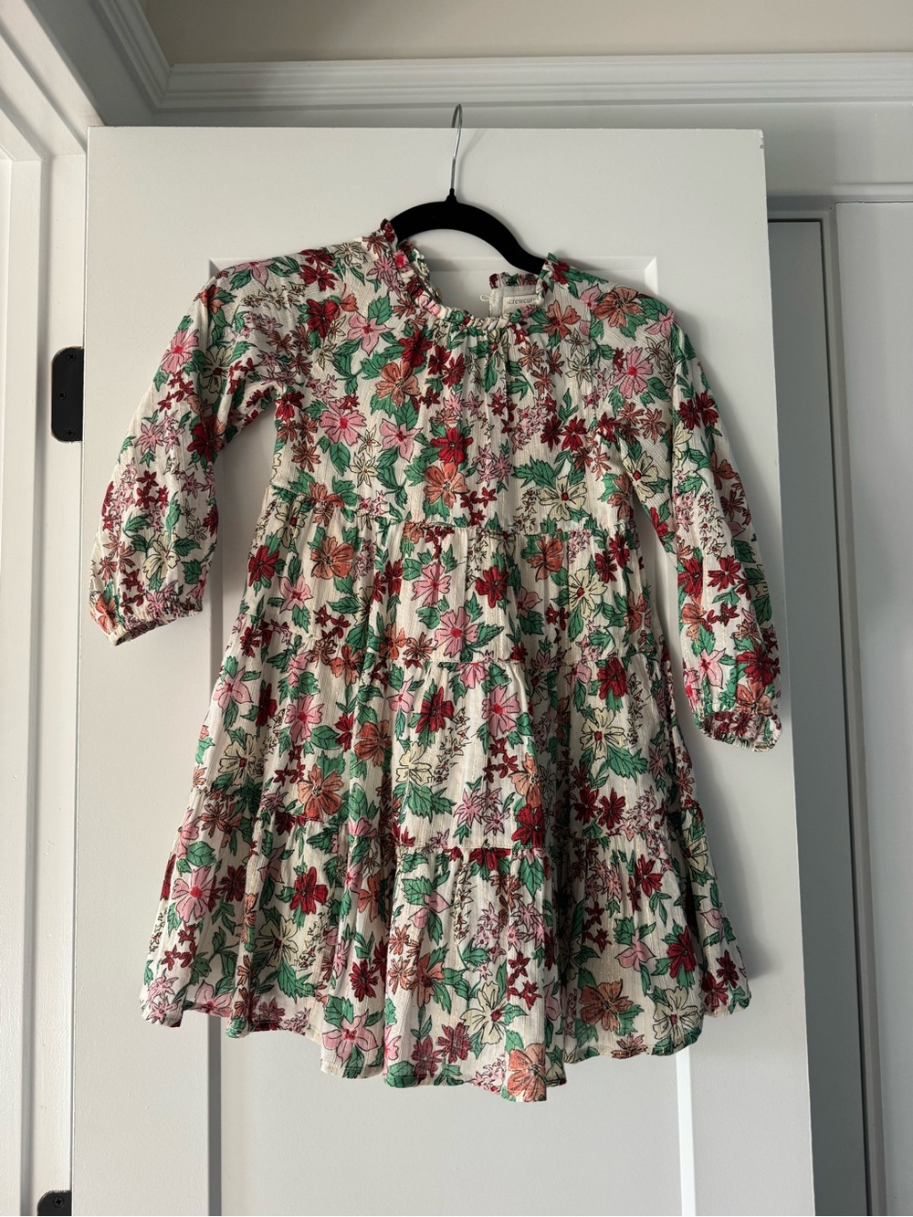 Crewcuts Floral Tiered Long-Sleeve Dress in Cream, Green & Red